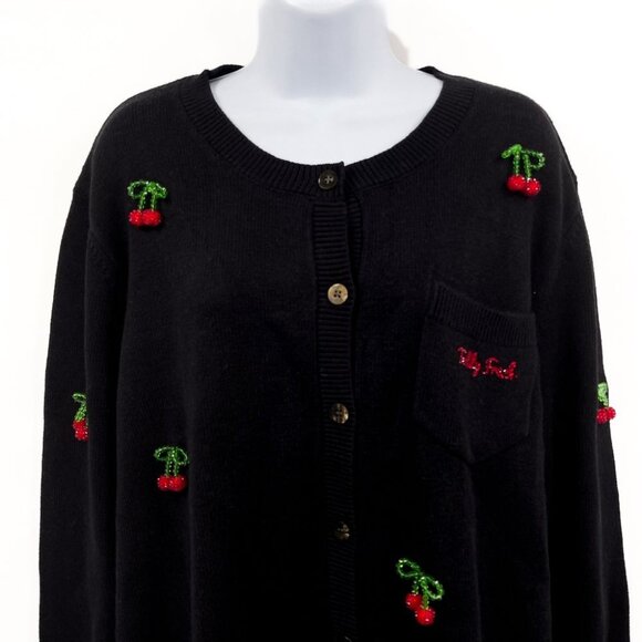 Teddy Fresh Cherry on Top Beaded Cardigan Sweater Top Black Red 3X Cherries - Picture 5 of 13